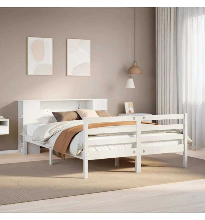 Lit bibliothèque sans matelas blanc 150x200 cm bois pin massif | Mobilier & Déco