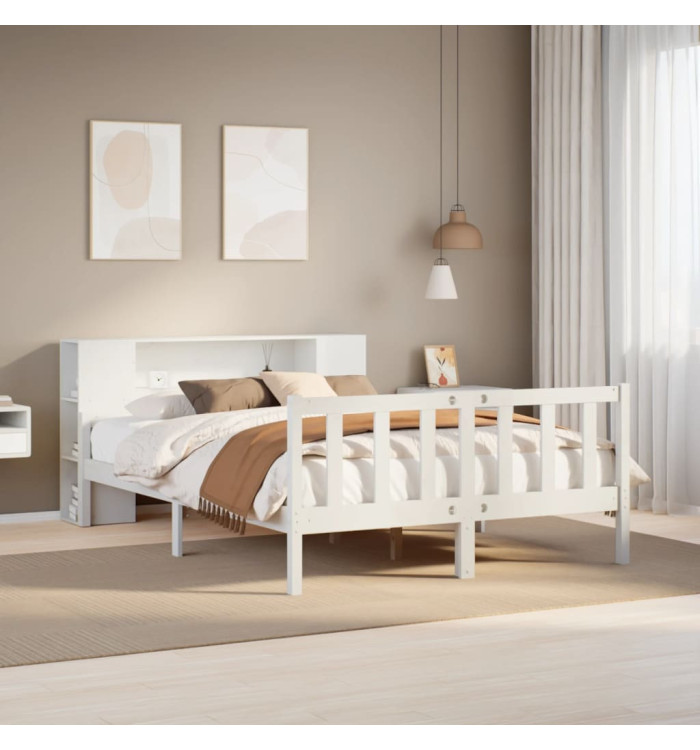 Lit bibliothèque sans matelas blanc 150x200 cm bois pin massif | Mobilier & Déco