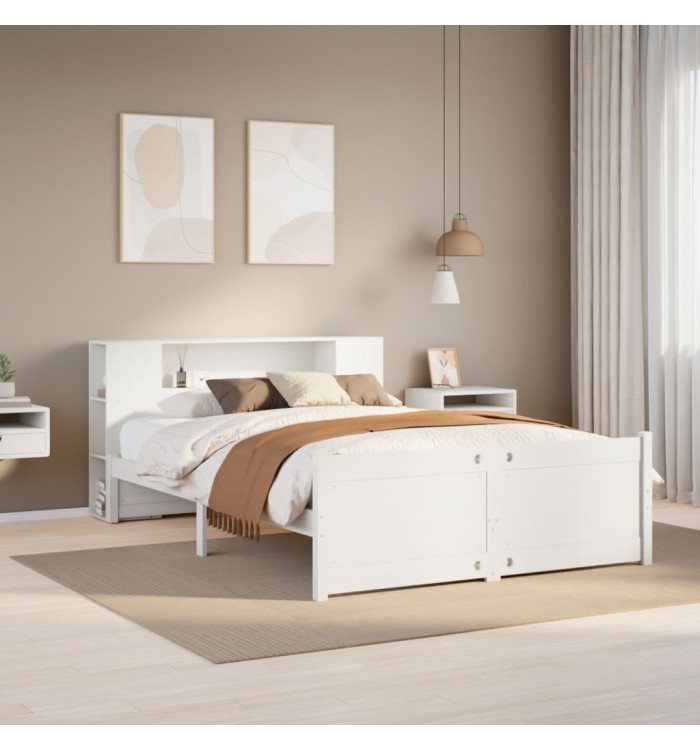 Lit bibliothèque sans matelas blanc 150x200 cm bois pin massif | Mobilier & Déco