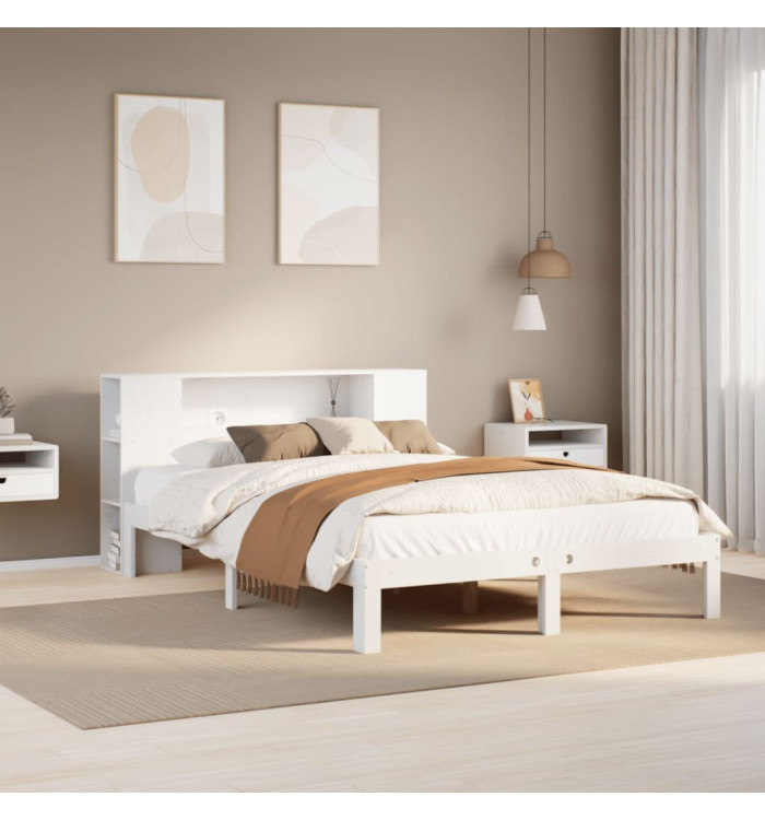 Lit bibliothèque sans matelas blanc 150x200 cm bois pin massif | Mobilier & Déco