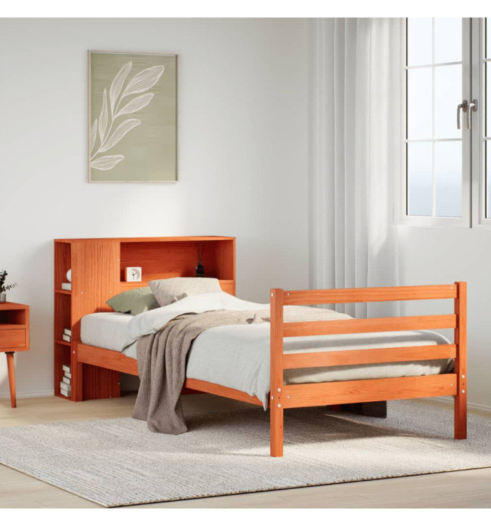 Lit bibliothèque sans matelas cire marron 90x200 cm bois massif | Mobilier & Déco