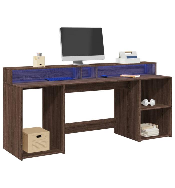 Bureau et lumières LED chêne marron bois d'ingénierie | Mobilier & Déco