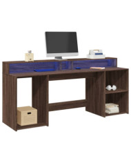 Bureau et lumières LED chêne marron bois d'ingénierie | Mobilier & Déco