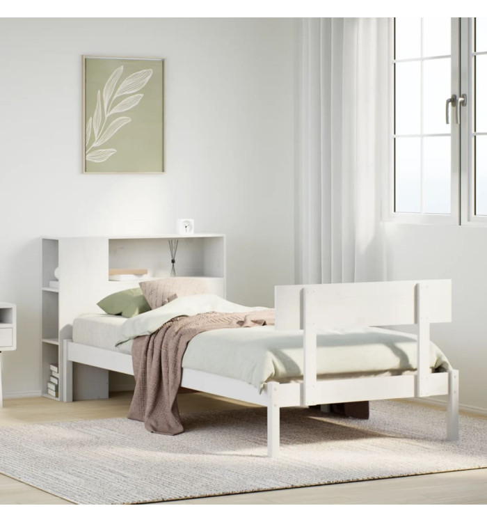 Lit bibliothèque sans matelas blanc 100x200 cm bois pin massif | Mobilier & Déco