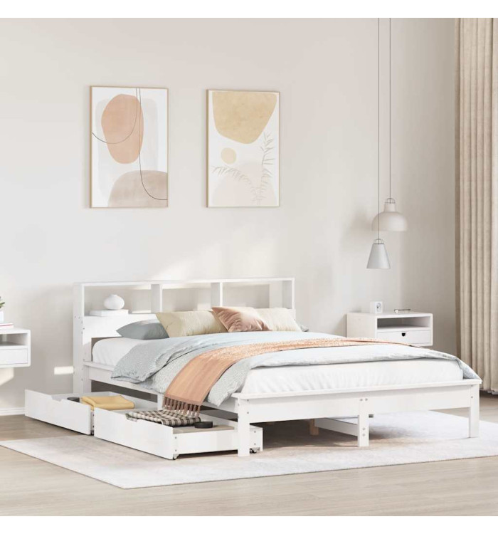 Lit bibliothèque sans matelas blanc 135x190 cm bois pin massif | Mobilier & Déco