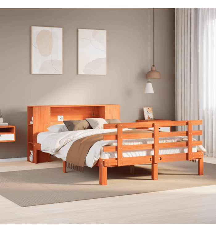 Lit bibliothèque sans matelas cire marron 150x200 cm pin massif | Mobilier & Déco