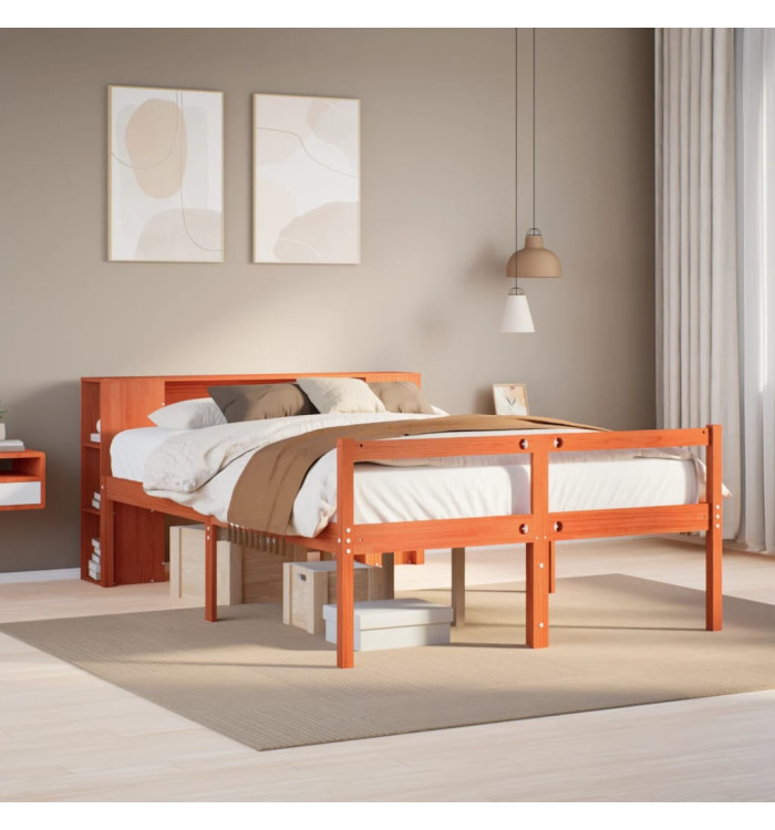 Lit bibliothèque sans matelas cire marron 150x200cm bois massif | Mobilier & Déco