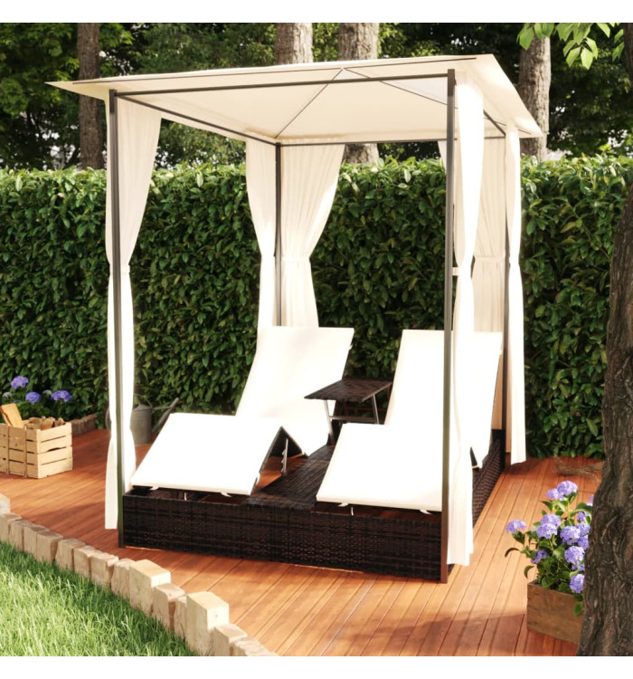 Chaise longue double avec rideaux Résine tressée Marron | Mobilier & Déco