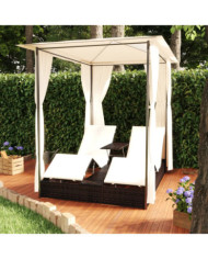 Chaise longue double avec rideaux Résine tressée Marron | Mobilier & Déco