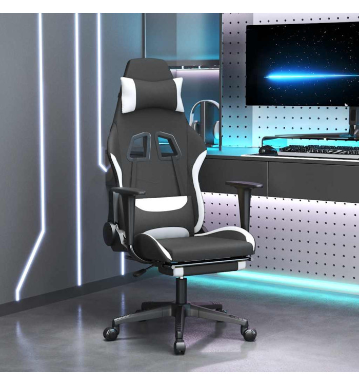 Chaise de jeu de massage avec repose-pied Noir et blanc Tissu | Mobilier & Déco