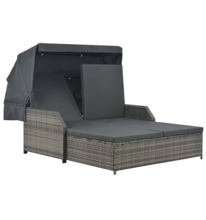 Chaise longue à 2 places avec auvent Résine tressée Gris | Mobilier & Déco