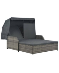 Chaise longue à 2 places avec auvent Résine tressée Gris | Mobilier & Déco