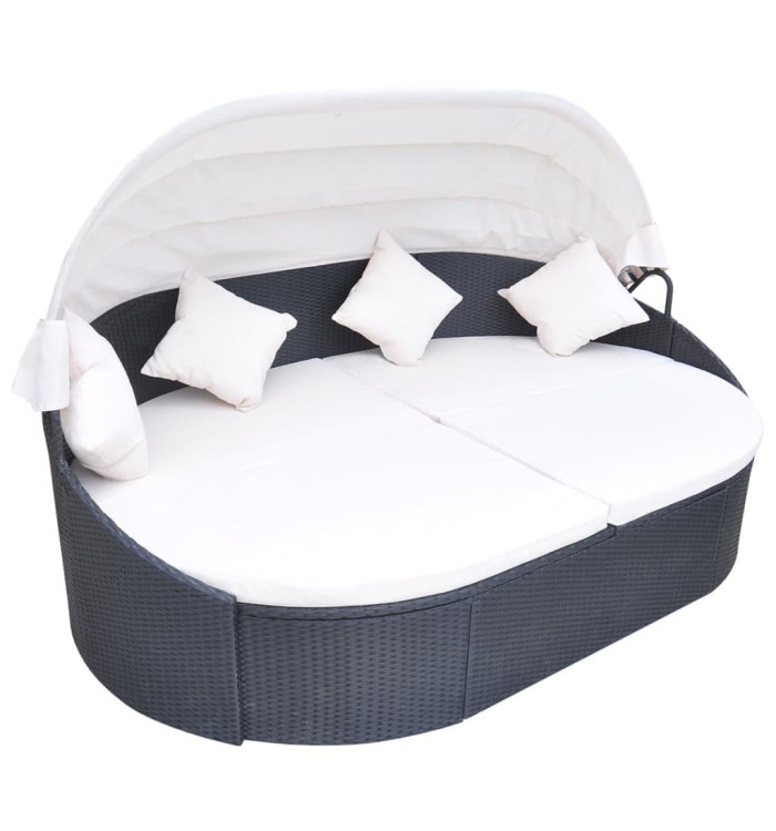 Chaise longue de jardin avec auvent Résine tressée Noir | Mobilier & Déco