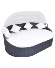 Chaise longue de jardin avec auvent Résine tressée Noir | Mobilier & Déco