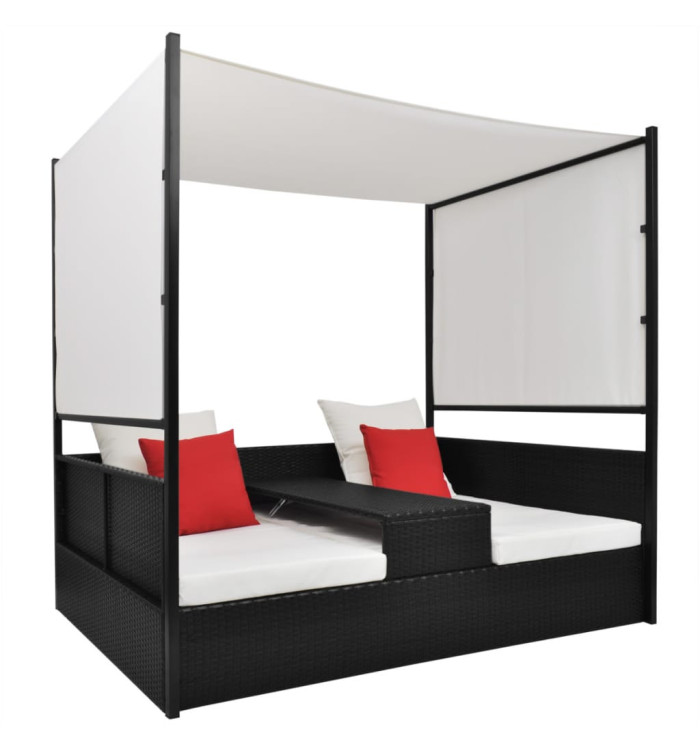 Lit de jardin avec auvent Noir 190x130 cm Résine tressée | Mobilier & Déco