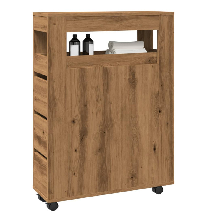 Meuble étroit de salle de bain à roulettes chêne artisanal | Mobilier & Déco