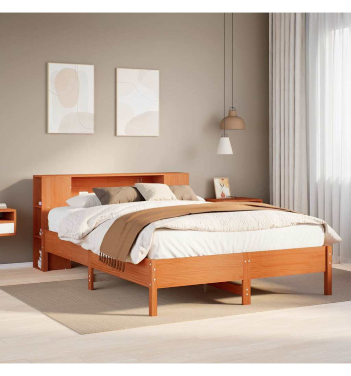Lit bibliothèque sans matelas cire marron 135x190 cm pin massif | Mobilier & Déco