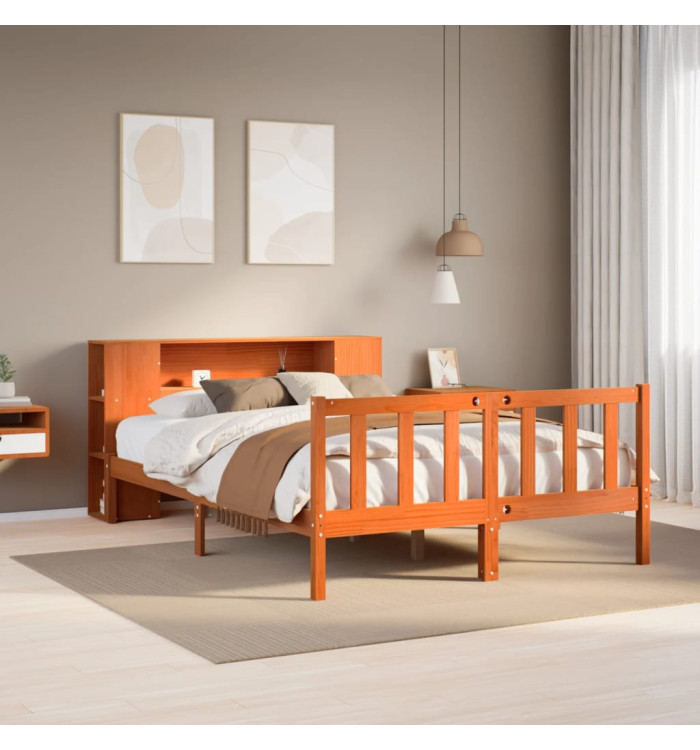 Lit bibliothèque sans matelas cire marron 135x190 cm pin massif | Mobilier & Déco