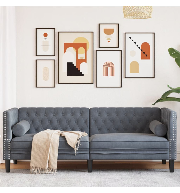 Canapé Chesterfield avec traversins 3 places gris foncé velours | Mobilier & Déco