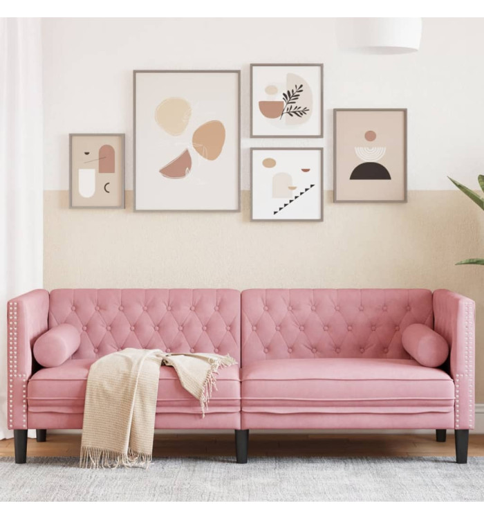 Canapé Chesterfield avec traversins 3 places rose velours | Mobilier & Déco