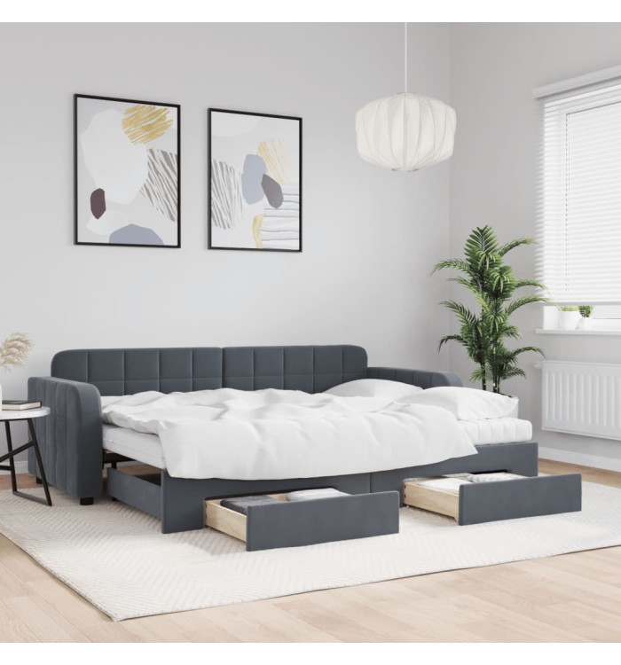 Lit de jour avec gigogne et tiroirs gris foncé 80x200cm velours | Mobilier & Déco