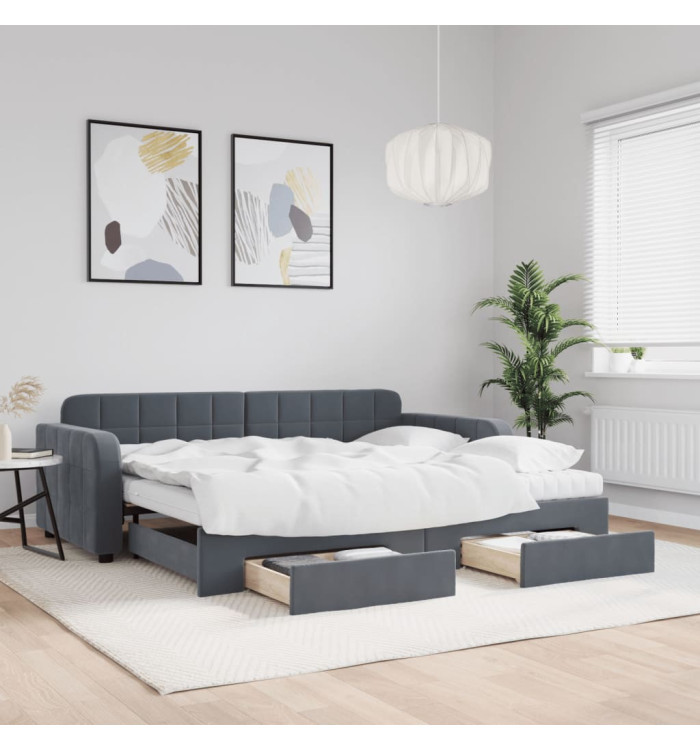 Lit de jour avec gigogne et tiroirs gris foncé 90x200cm velours | Mobilier & Déco