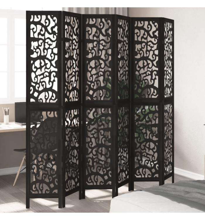 Cloison de séparation 6 panneaux noir bois de paulownia massif | Mobilier & Déco