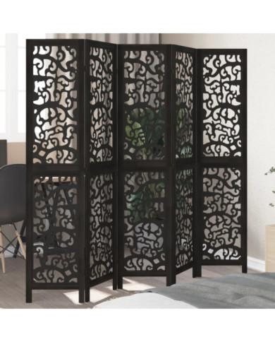 Cloison de séparation 5 panneaux noir bois de paulownia massif | Mobilier & Déco