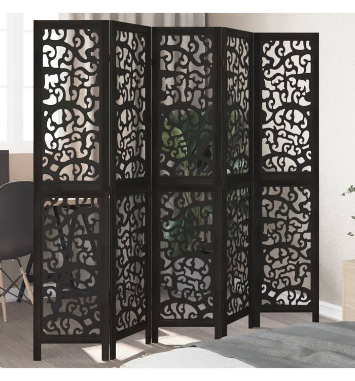 Cloison de séparation 5 panneaux noir bois de paulownia massif | Mobilier & Déco