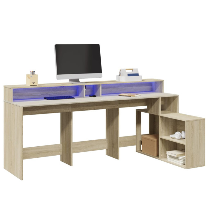 Bureau avec lumières LED chêne sonoma bois d'ingénierie | Mobilier & Déco