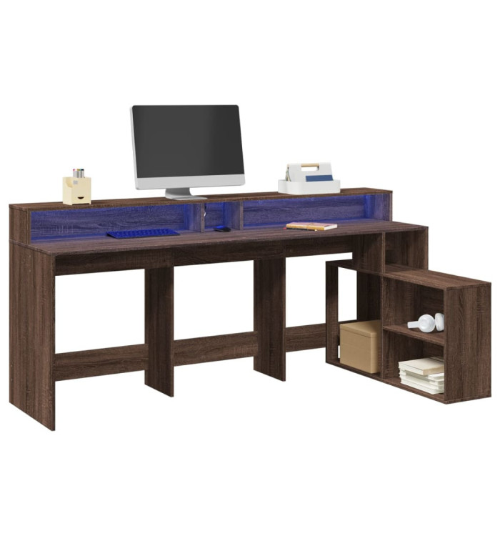 Bureau et lumières LED chêne marron bois d'ingénierie | Mobilier & Déco