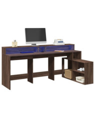 Bureau et lumières LED chêne marron bois d'ingénierie | Mobilier & Déco