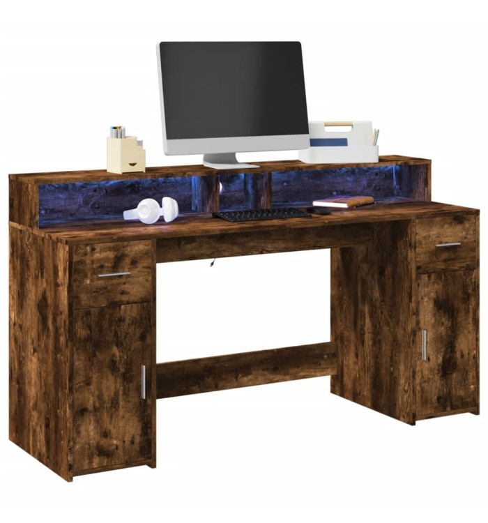 Bureau et lumières LED chêne fumé 160x55x91cm bois d'ingénierie | Mobilier & Déco