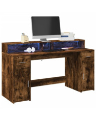 Bureau et lumières LED chêne fumé 160x55x91cm bois d'ingénierie | Mobilier & Déco