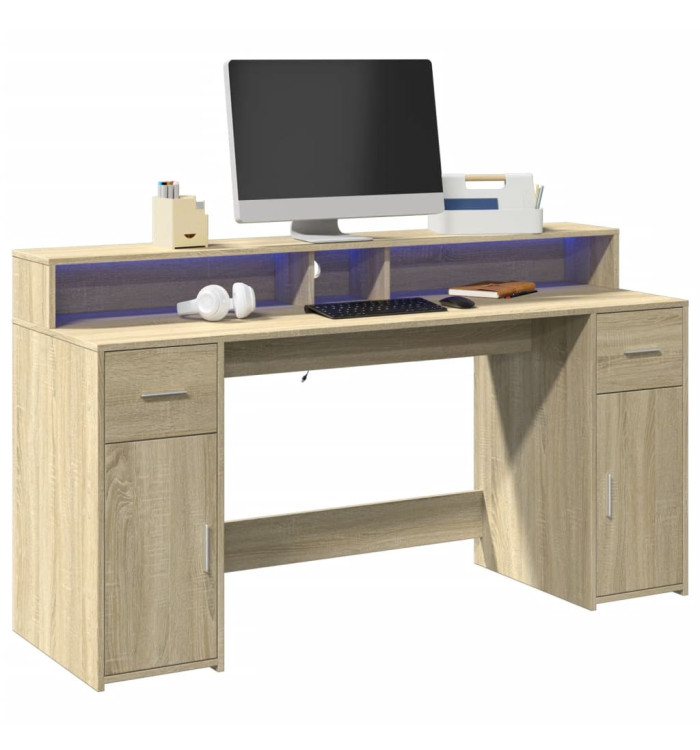 Bureau avec lumières LED chêne sonoma bois d'ingénierie | Mobilier & Déco