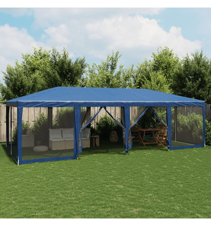 Tente de fête avec 12 parois latérales en maille bleu 8x4m PEHD | Mobilier & Déco