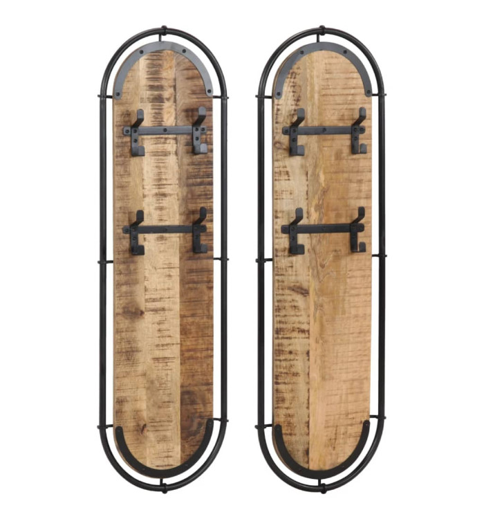 Porte-manteaux muraux 4 crochets 2pcs bois massif manguier brut | Mobilier & Déco