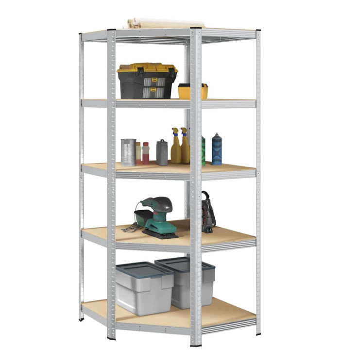 Étagère d'angle à 5 niveaux Argenté Acier et bois d'ingénierie | Mobilier & Déco