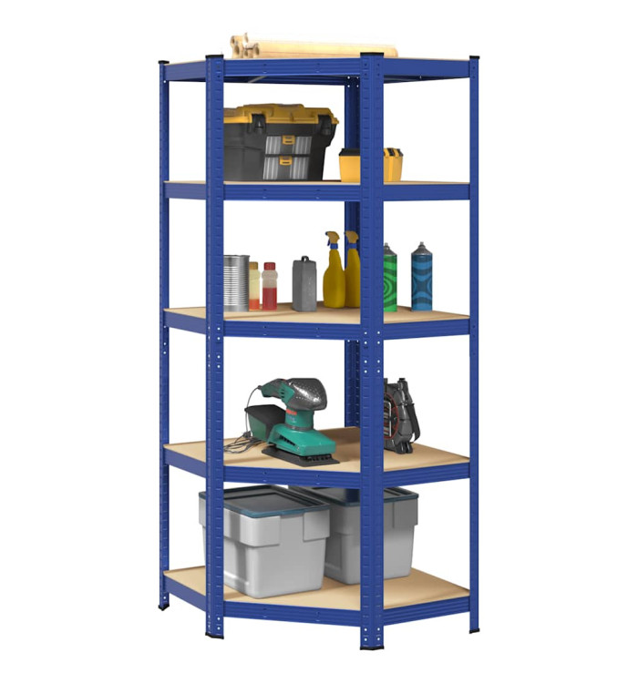 Étagère d'angle à 5 niveaux Bleu Acier et bois d'ingénierie | Mobilier & Déco
