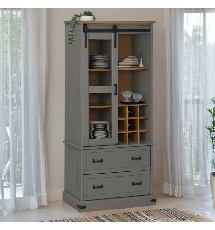 Armoire à vin HALDEN casiers à vin porte coulissante gris pin | Mobilier & Déco