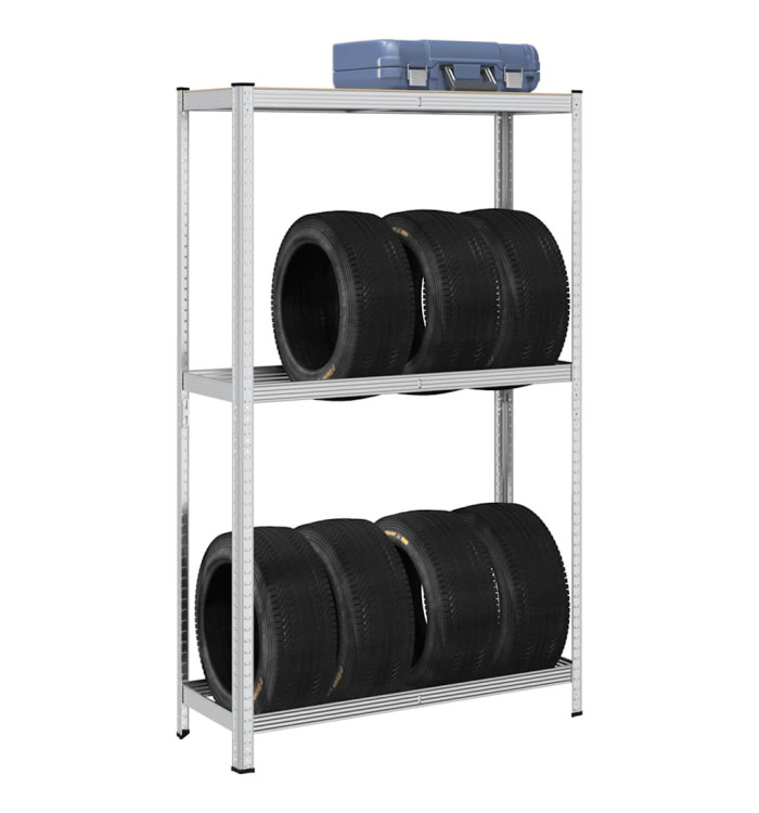 Étagère à pneus à 2 niveaux argent acier et bois d'ingénierie | Mobilier & Déco