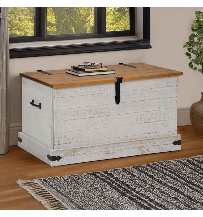 Coffre de rangement HALDEN blanc 91x48x47 cm bois massif pin | Mobilier & Déco