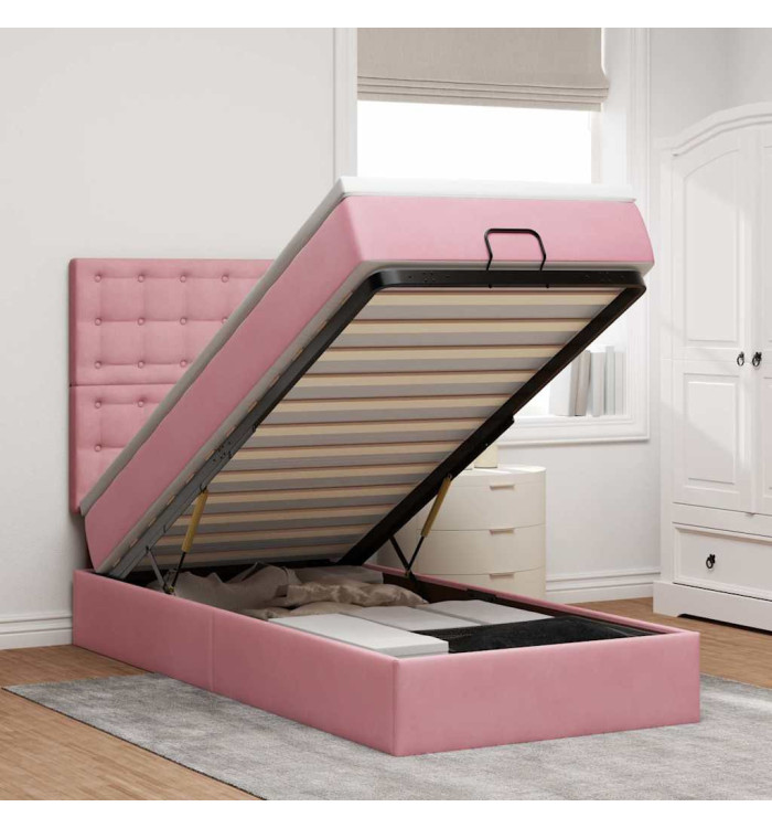 Cadre de lit ottoman avec matelas rose 90x190 cm velours | Mobilier & Déco