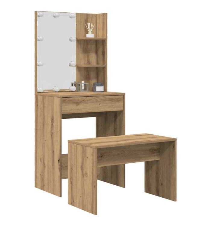 Ensemble de coiffeuse avec LED chêne artisanal bois ingénierie | Mobilier & Déco