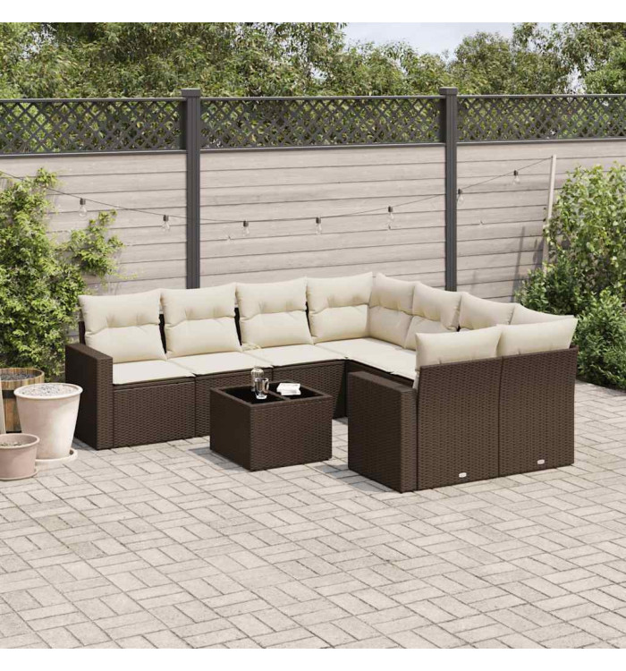 Salon de jardin avec coussins 9 pcs marron résine tressée | Mobilier & Déco