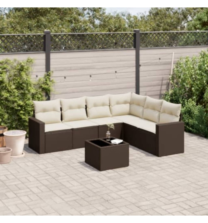Salon de jardin avec coussins 7 pcs marron résine tressée | Mobilier & Déco