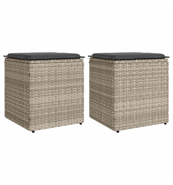 Tabourets de jardin et coussins lot de 2 gris clair poly rotin | Mobilier & Déco