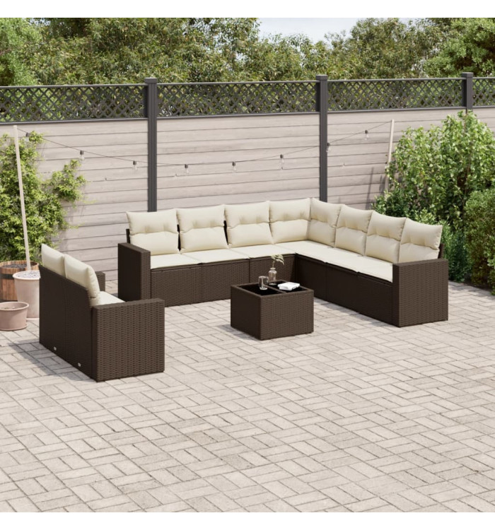 Salon de jardin 10 pcs avec coussins marron résine tressée | Mobilier & Déco