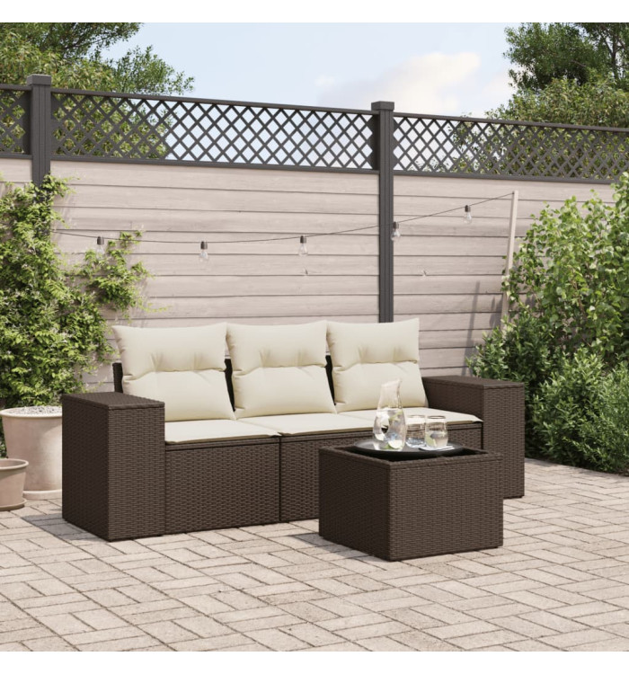 Salon de jardin 4 pcs avec coussins marron résine tressée | Mobilier & Déco