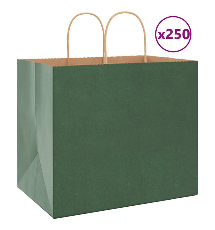 Sacs en papier 250 pcs avec poignées vert 32x22x28 cm | Mobilier & Déco